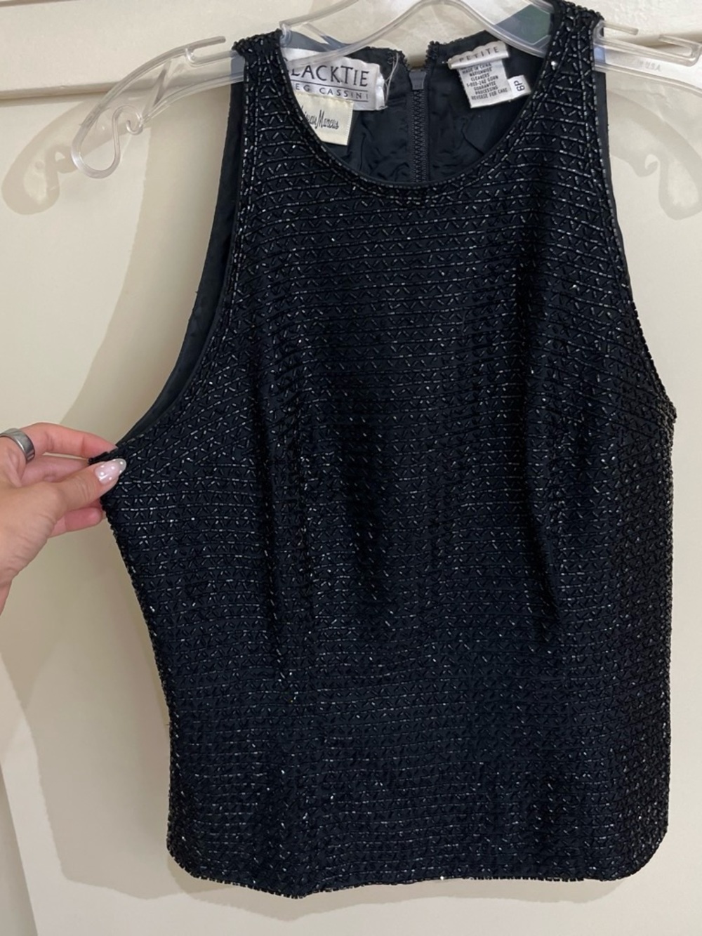 Vintage 100% Silk Marcus Black Beaded Sleeveless Tank Top